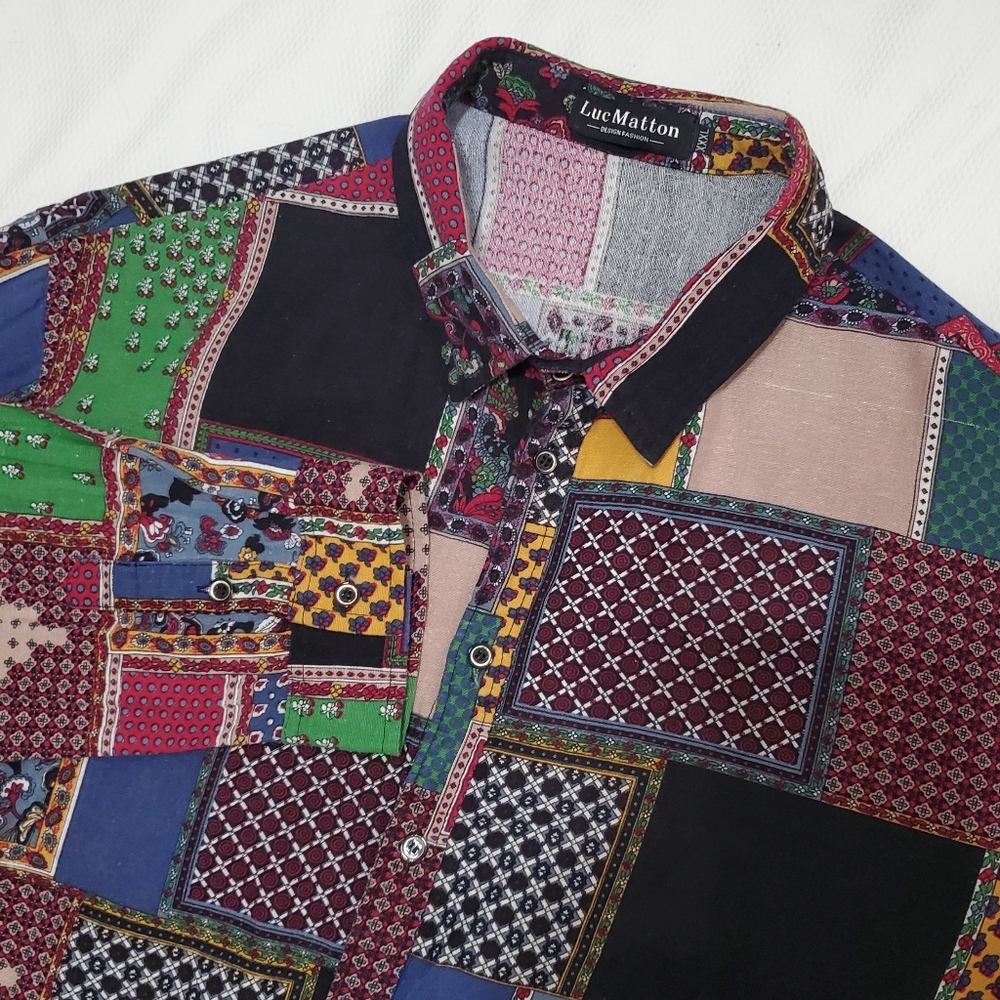 Luc Matton Patchwork Print Long Sleeve Button Down Shirt XXXL